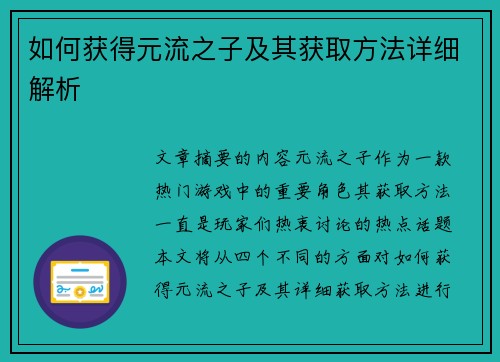 如何获得元流之子及其获取方法详细解析